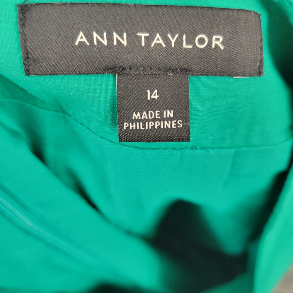Ann Taylor Green Striped Pleated A-Line Skirt Pockets Size 14 Cotton Blend - Picture 4 of 11